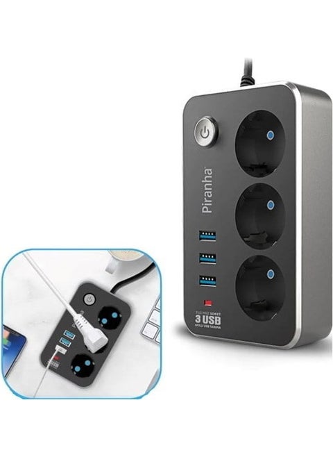 Heat Resistant Thermal Current Protection 2m 10A 2500W 3-way Socket and 3 USB 2.1A Extension Cable