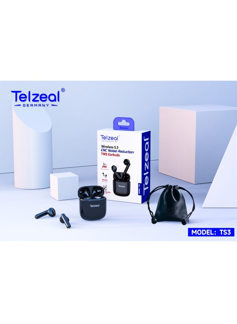 Telzeal - TS3 True Wireless Earphone Bluetooth 5.3 Dual Stereo Bass Touch Control, 21 Hours Playback Time and HD Calls Clear Voice IP54 Life Waterproof Black - Image 1