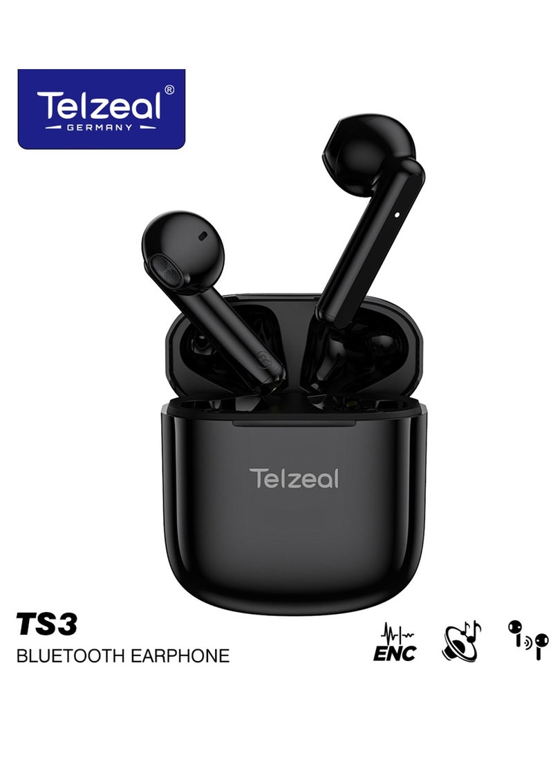 Telzeal - TS3 True Wireless Earphone Bluetooth 5.3 Dual Stereo Bass Touch Control, 21 Hours Playback Time and HD Calls Clear Voice IP54 Life Waterproof Black - Image 1