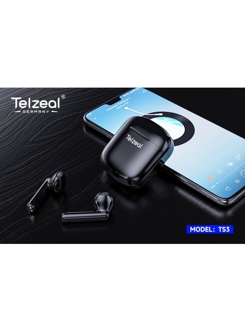 Telzeal - TS3 True Wireless Earphone Bluetooth 5.3 Dual Stereo Bass Touch Control, 21 Hours Playback Time and HD Calls Clear Voice IP54 Life Waterproof Black - Image 1
