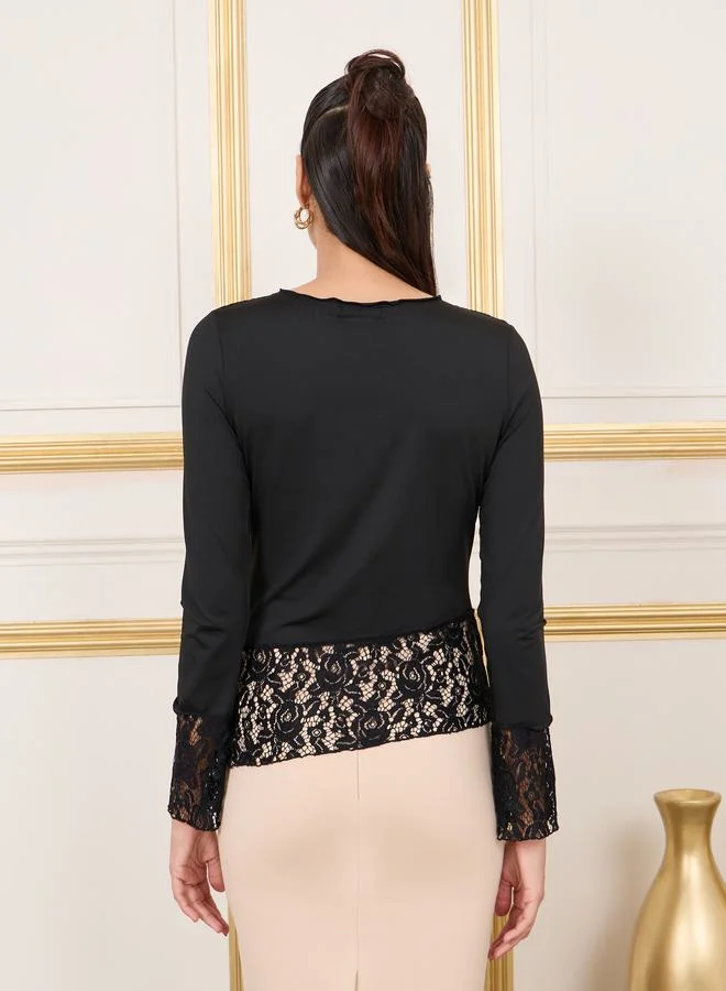Styli Lace Insert Stitch Detail Knit Top