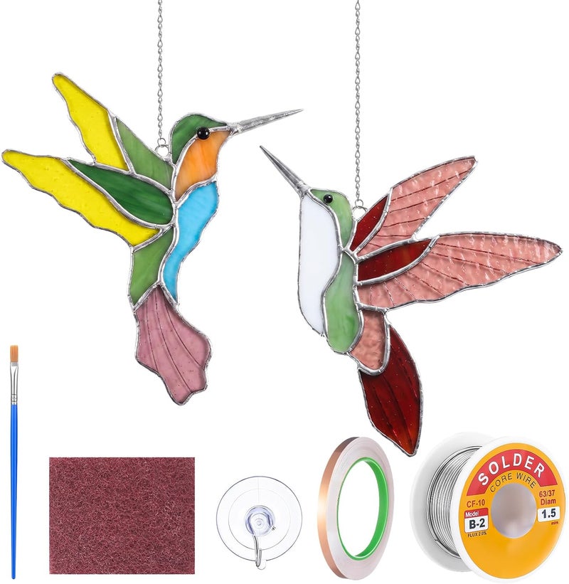LemonRoad 2 Sets Unfinished Pre Cut Stained Glass Kits for Adult DIY Stained Glass Craft with Solder Wire, Flux Brush for Home Birthday Party Decor (Cute Hummingbird) - Image 1