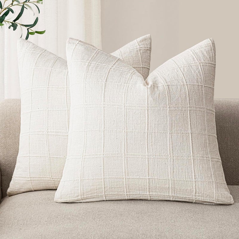 Foindtower Decorative Pillow Covers Made of Linen, Checked, Neutral Accent Pillowcases, Modern Farmhouse Style, Boho Home Decor, for Sofa, Chair, Couch, Bedroom, Living Room, Outdoor, Set of 2 - Image 1