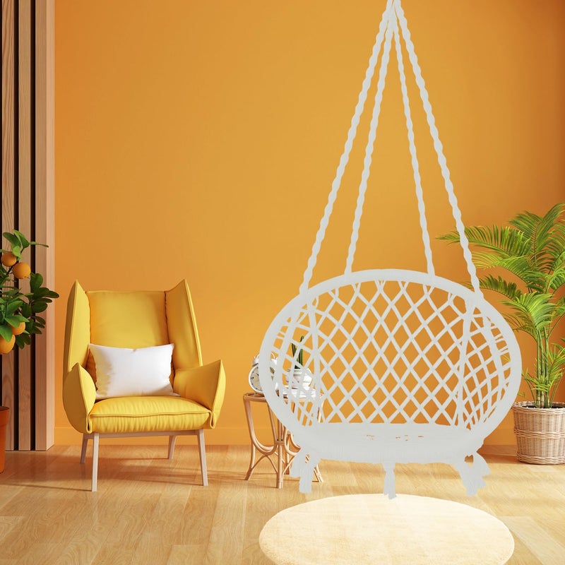 ORILEY Hanging Swing Chair Rope Hammock Cotton Jhula with Accessories Balcony Living Room Indoor Outdoor 120kg Capacity Suitable for Kids and Adults (Pack of 1, 20x20x65”, Off White) - Image 1