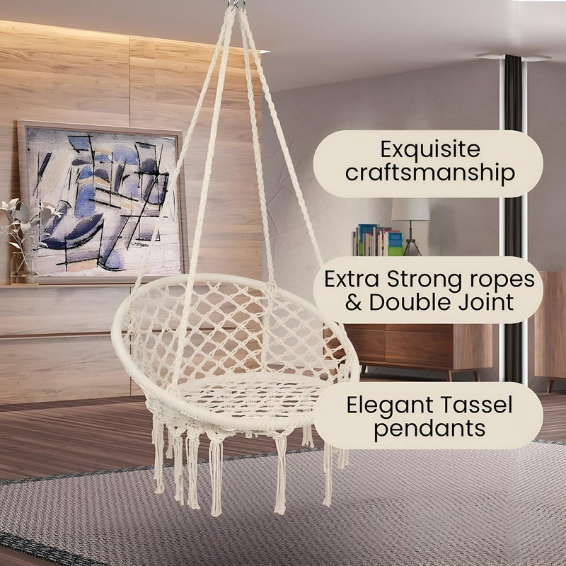 ORILEY Hanging Swing Chair Rope Hammock Cotton Jhula with Accessories Balcony Living Room Indoor Outdoor 120kg Capacity Suitable for Kids and Adults (Pack of 1, 20x20x65”, Off White) - Image 4