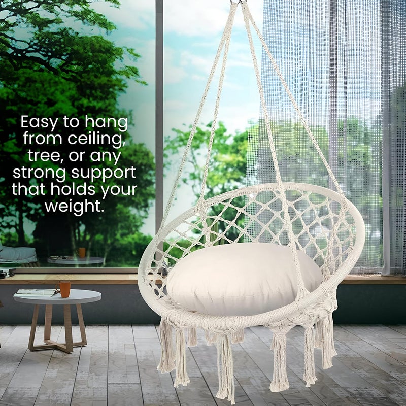 ORILEY Hanging Swing Chair Rope Hammock Cotton Jhula with Accessories Balcony Living Room Indoor Outdoor 120kg Capacity Suitable for Kids and Adults (Pack of 1, 20x20x65”, Off White) - Image 5