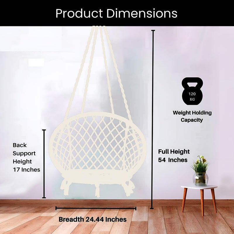 ORILEY Hanging Swing Chair Rope Hammock Cotton Jhula with Accessories Balcony Living Room Indoor Outdoor 120kg Capacity Suitable for Kids and Adults (Pack of 1, 20x20x65”, Off White) - Image 2