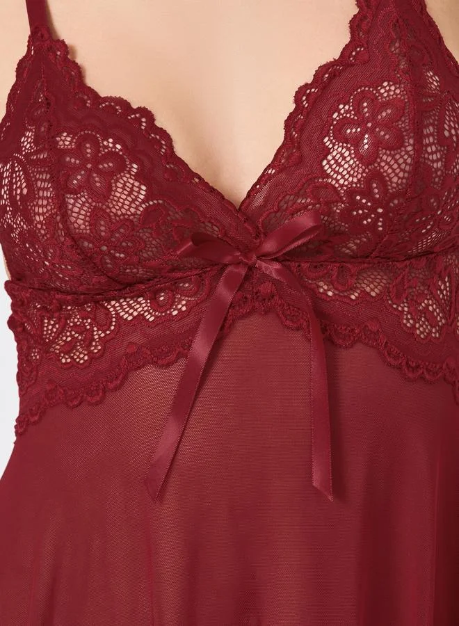 Take Two Red Lace Insert Mesh Babydoll with Brief