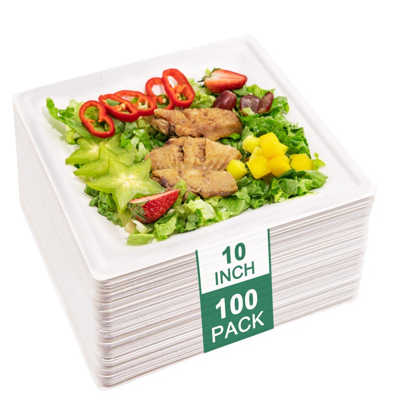 SUT 10Inch Compostable Paper Plates 100 PCS Square Biodegradable Bagasse Plates HeavyDuty Microwaveable Plates EcoFriendly Natural Disposable Plates Made of Sugarcane Fibers for Party Picnic