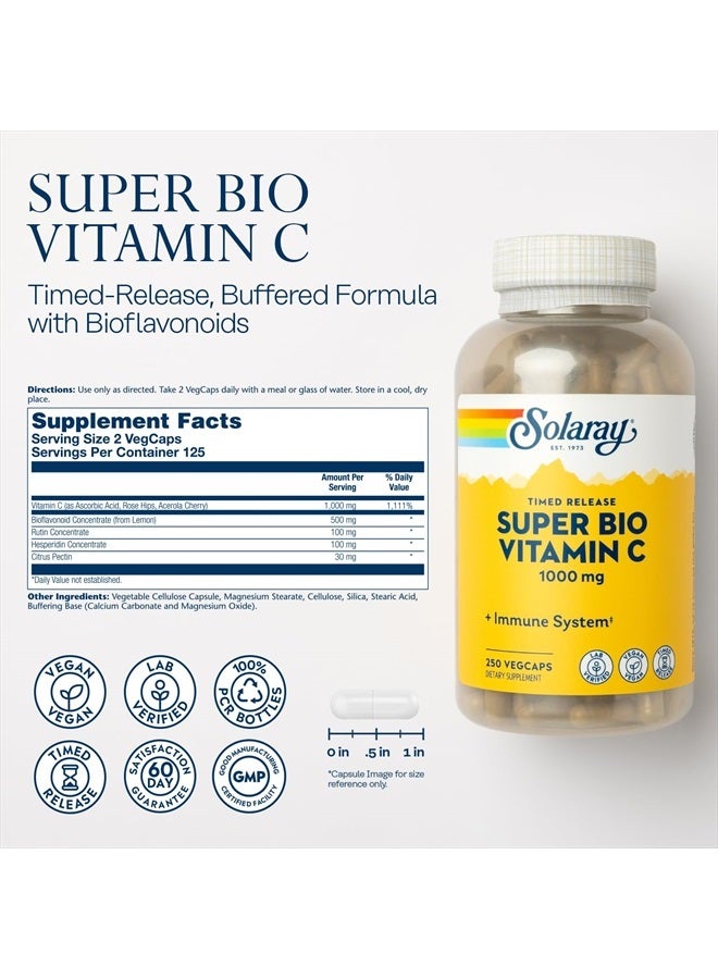 Solaray Solaray Super Bio Vitamin C 1000mg, Buffered, Time Release Capsules with Bioflavonoids, Two-Stage for High Absorption & All Day Immune Support, Vegan, 60 Day Guarantee, 125 Servings, 250 VegCaps  - Image 2