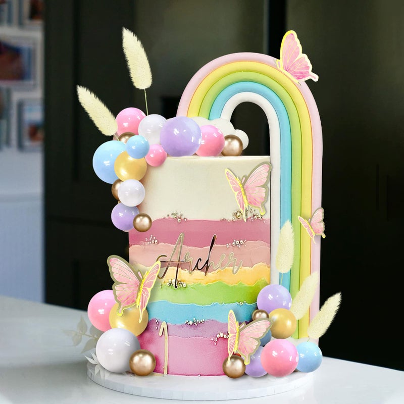 DRWATE Rainbow Cake Topper Balls Cake Decorations Boho Cake Topper with Colorful Cloud Rainbow Butterflies for Wedding Birthday Supplies Colorful 2 - Image 2