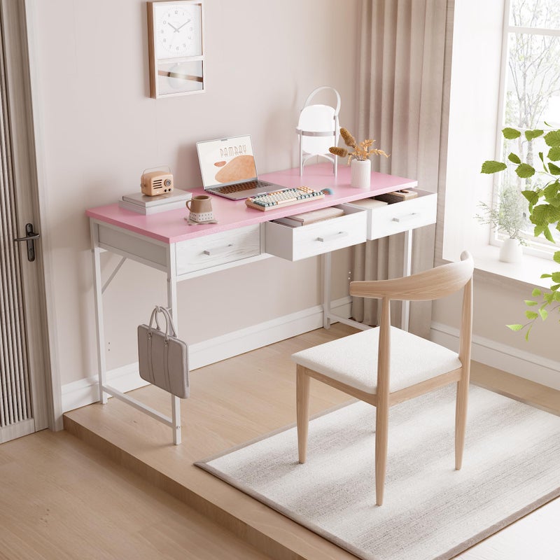 Pamray 47 Inch Small Computer Desk with 3 Drawers for Bedroom Study Writing Home Office Table for Small Spaces Pink - Image 2