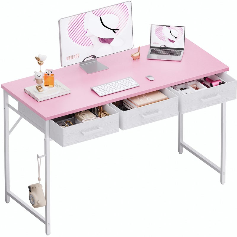 Pamray 47 Inch Small Computer Desk with 3 Drawers for Bedroom Study Writing Home Office Table for Small Spaces Pink - Image 1