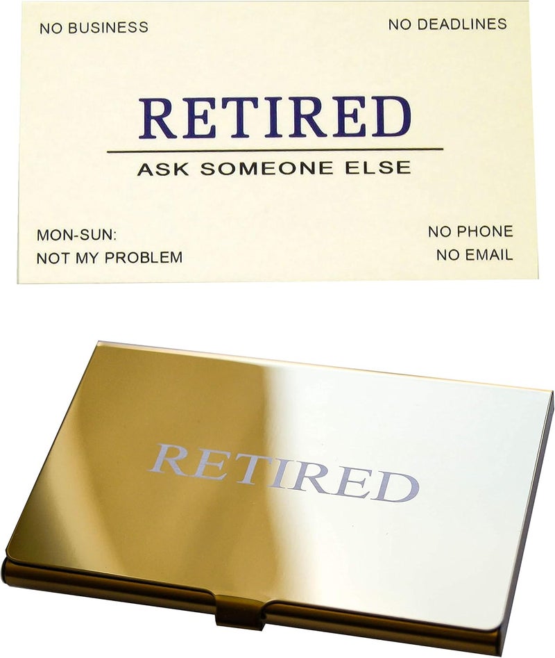 RXBC2011 Retired Business Cards Funny Retirement Gift (Pack of 50/With Gold Mirror Stainless Steel Case) For Retired Men Women Coworkers Employees Boss Friend Colleague - Image 1