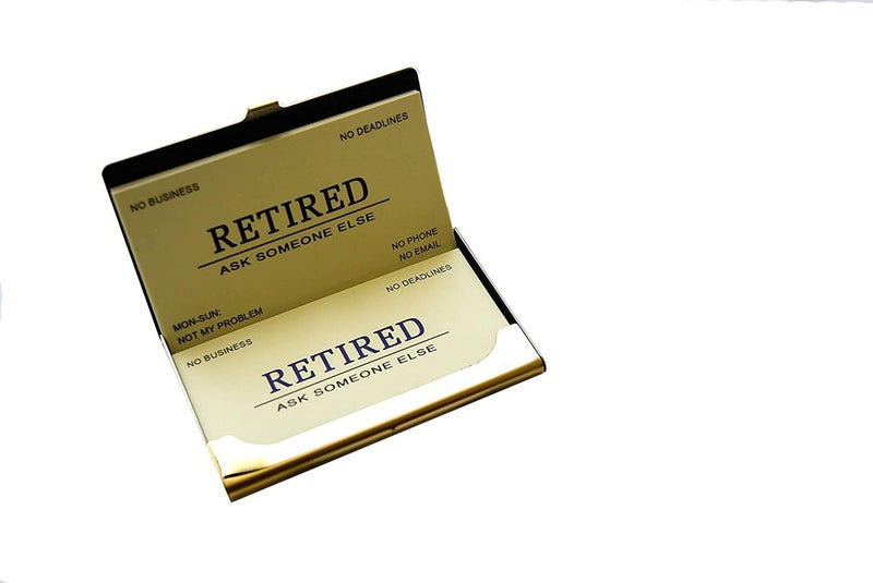 RXBC2011 Retired Business Cards Funny Retirement Gift (Pack of 50/With Gold Mirror Stainless Steel Case) For Retired Men Women Coworkers Employees Boss Friend Colleague - Image 3