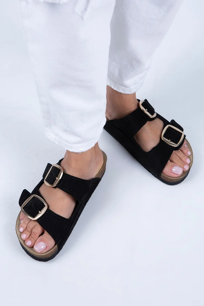 Manijero Manijero Irene Women's Genuine Leather Double Buckle Black Suede - Gold Slippers