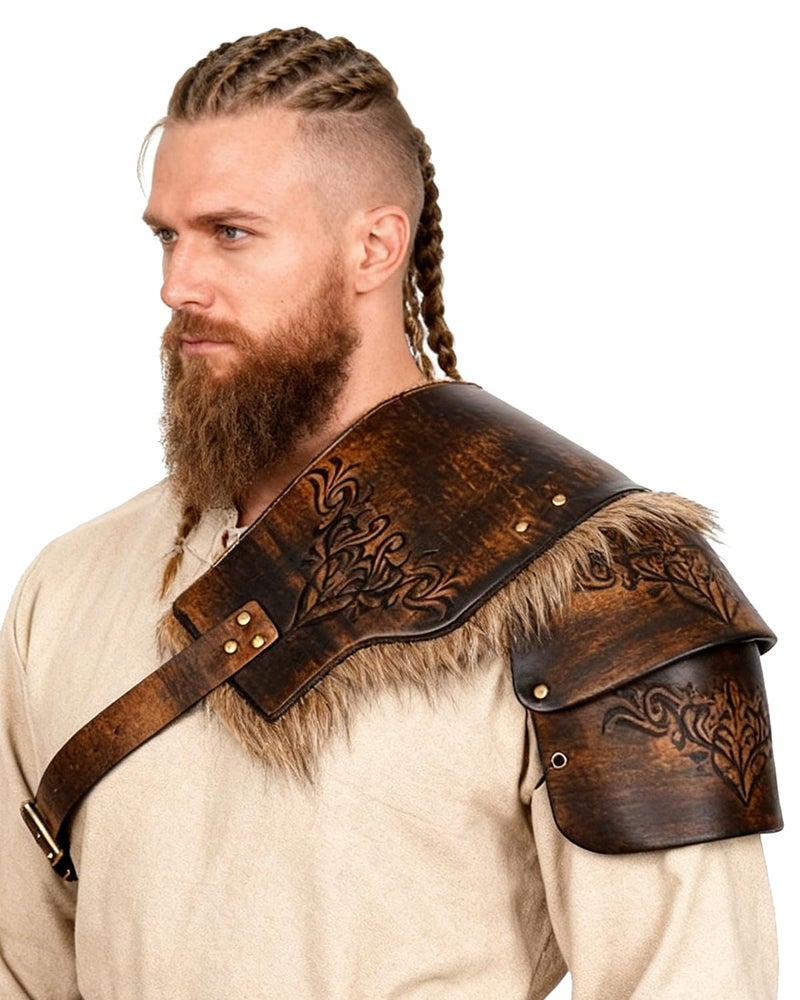 L'VOW LVOW Men Medieval Fur Shoulder Armor Adjustable Leather Pualdron Warrior Viking Leather Armor for Halloween LARP CosplayBrown - Image 2