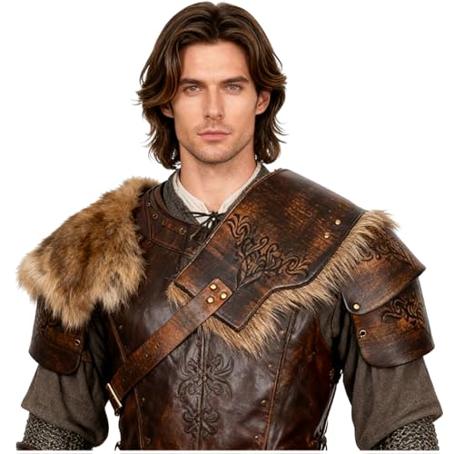L'VOW LVOW Men Medieval Fur Shoulder Armor Adjustable Leather Pualdron Warrior Viking Leather Armor for Halloween LARP CosplayBrown - Image 3