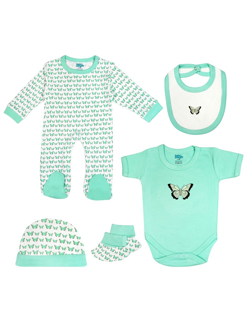 Babies Basic 5 piece Unisex 100% Cotton Sets include Bib, Romper, Mittens, Cap and Sleepsuit/Jumpsuit - Image 1