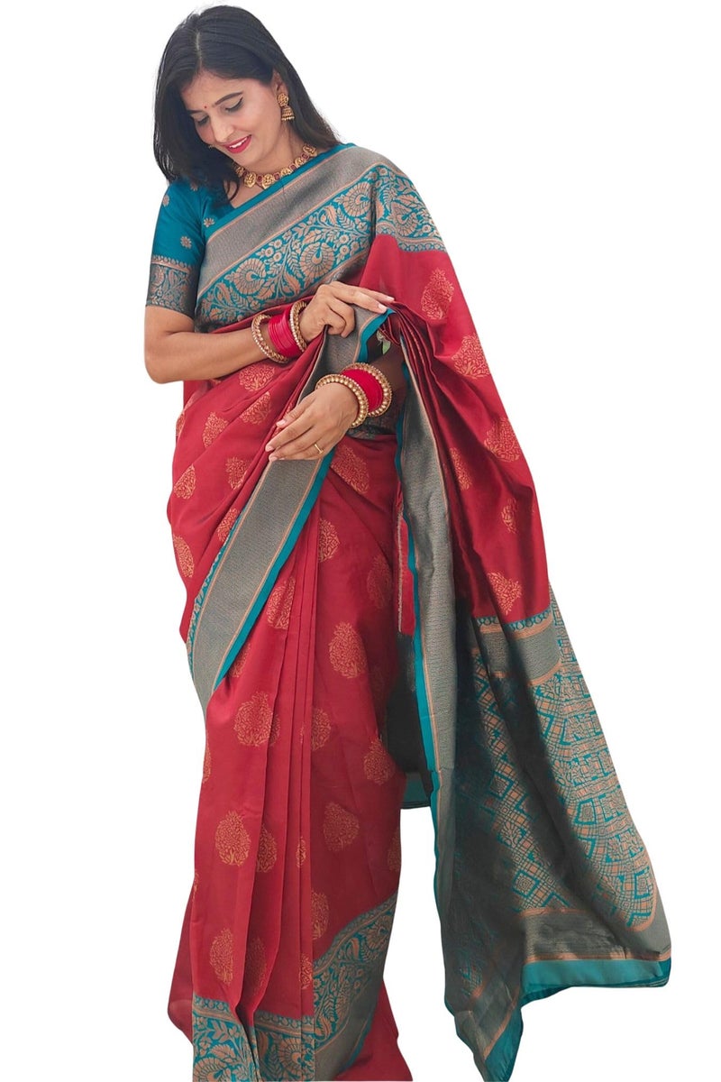 SGF11 Women's Kanjivaram Ready To Wear Pure Soft Silk Saree With Blouse Piece (Maroon) - Image 1