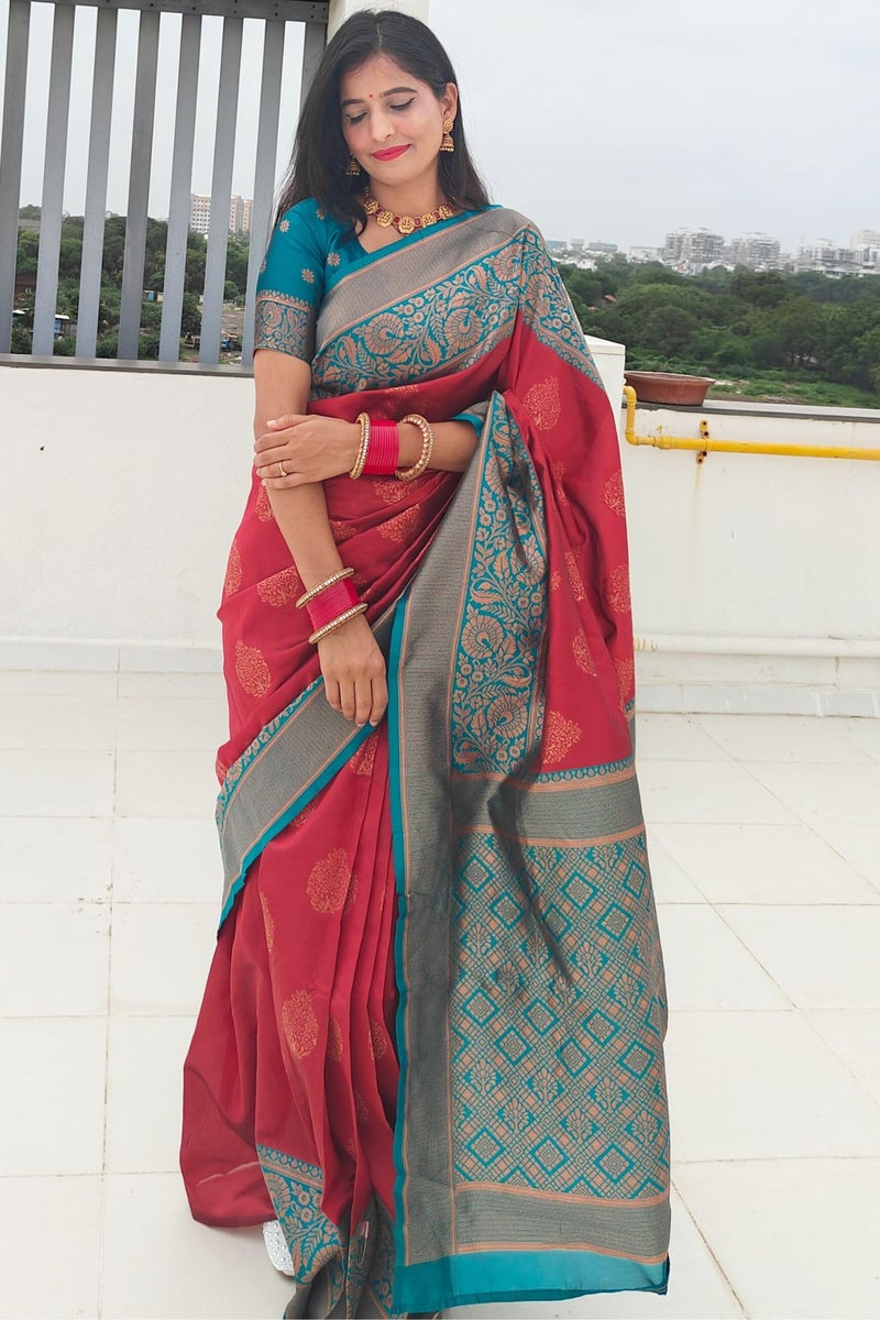 SGF11 Women's Kanjivaram Ready To Wear Pure Soft Silk Saree With Blouse Piece (Maroon) - Image 3
