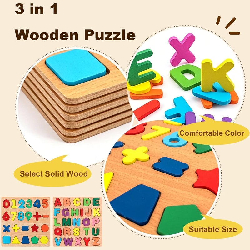 Winbar Wooden Puzzles for Toddlers, Alphabet Shape Puzzles for 3 Years Old | 3 in 1 Wooden Puzzle, Natural Wood Pieces, Smooth surface, Great Gift Idea, Wooden Montessori Toddler, Meets toy standards - Image 3