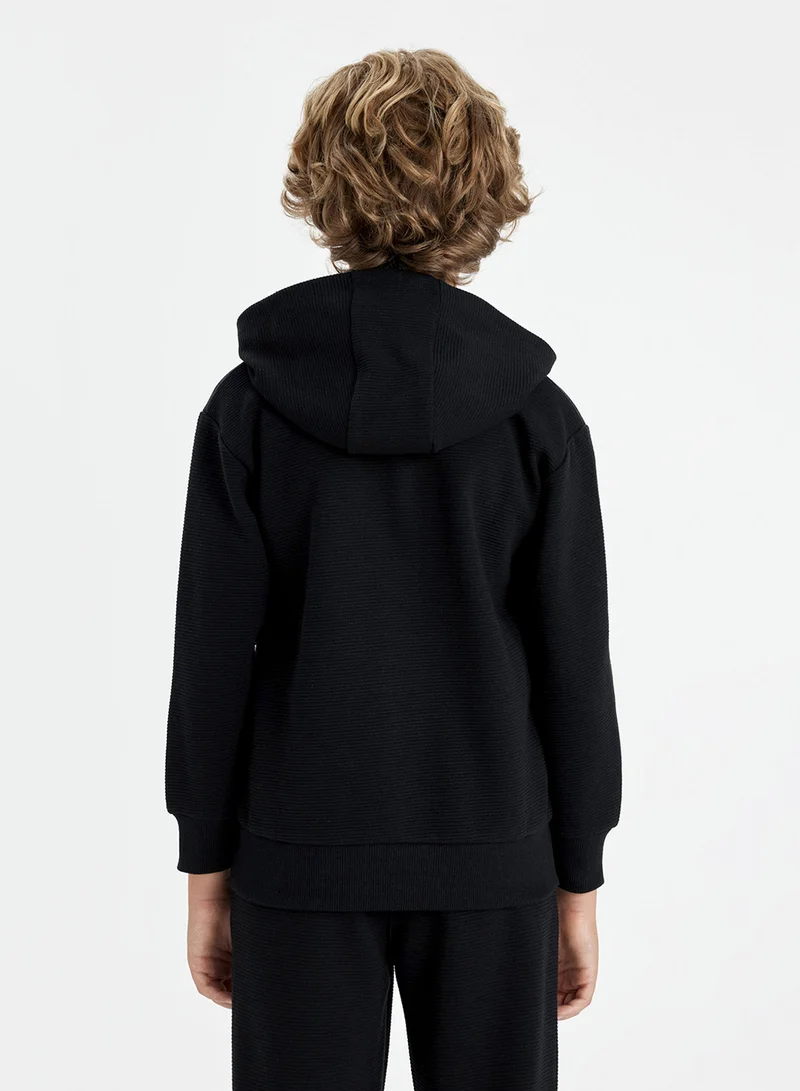DeFacto Basic Black Hooded Zippered School Jacket With Pockets