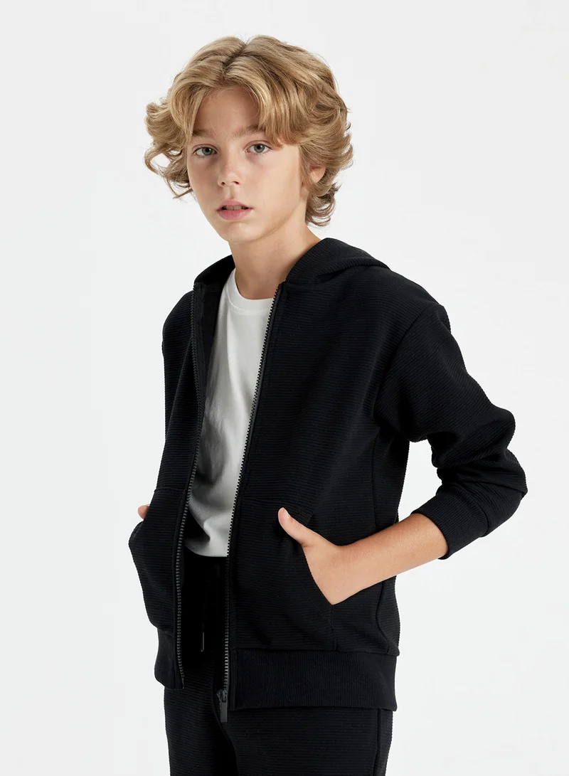 DeFacto Basic Black Hooded Zippered School Jacket With Pockets