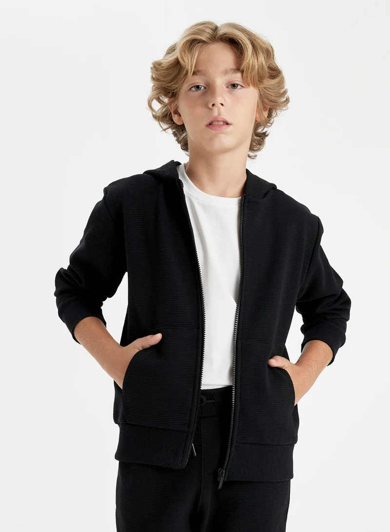 DeFacto Basic Black Hooded Zippered School Jacket With Pockets