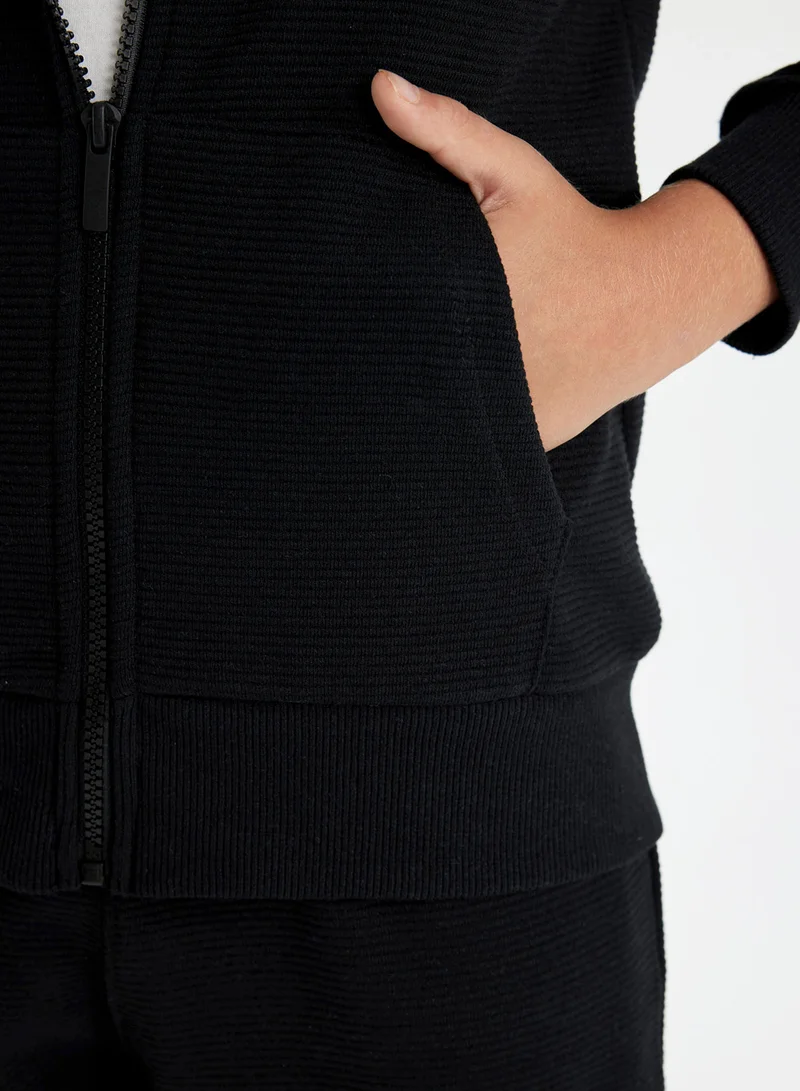 DeFacto Basic Black Hooded Zippered School Jacket With Pockets