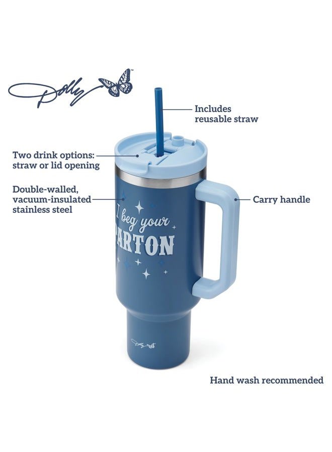 Dolly Parton Tumbler With Handle, Double Wall Vacuum Insulated Stainless Steel With Straw Lid, Cold For Up To 24 Hours Or Hot For Up To 8 Hours, 40 Ounce, Blue - Image 3