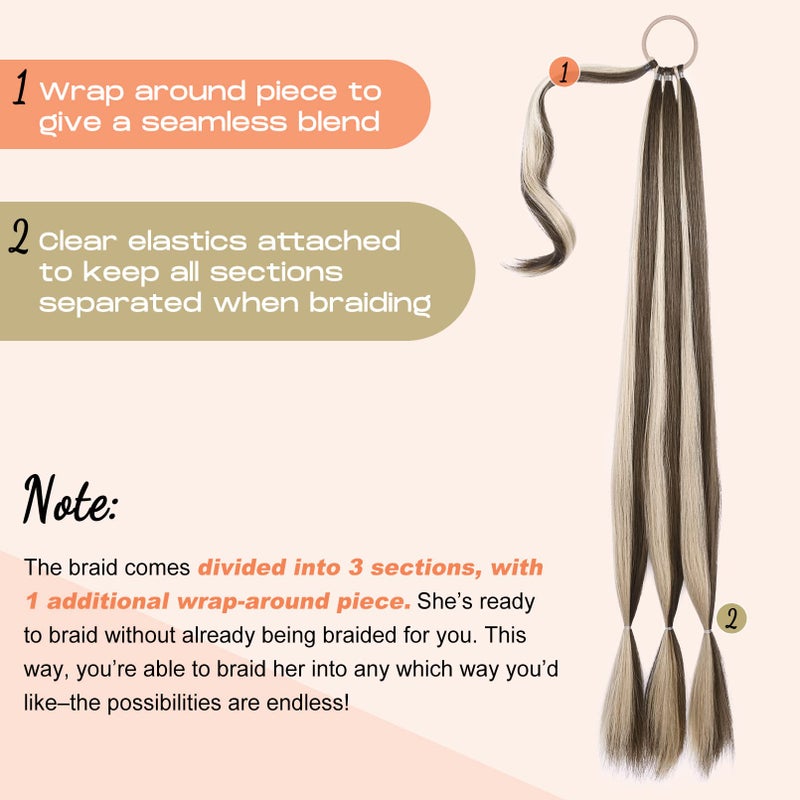 SEIKEA Long DIY Braided Ponytail Extension with Hair Tie Straight Wrap Around Hair Extensions Ponytail Natural Soft Synthetic Hairpiece Ash Brown with Sandy Blonde 30 Inch (After Braided 27 Inch) - Image 2