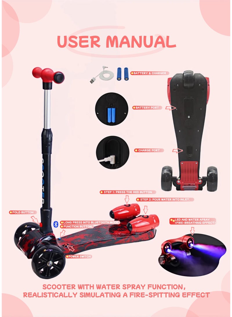 EASY FUTURE Kick Scooter for Kids 3-14 Years, 3-Wheel Design with Lean-to-Steer, LED Light Wheels, Bluetooth Music & Water Spray for Smoke Effect – Fun & Safe Outdoor Ride Including Protective Gear Set - Image 3