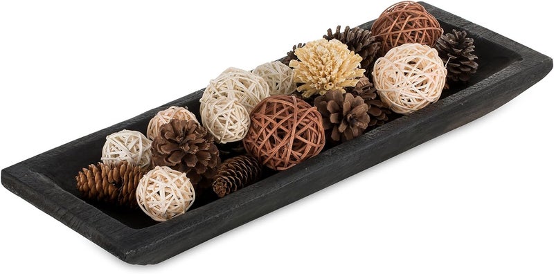 Hanobe Decorative Wood Dough Bowl Large Long Wooden Centerpiece Table Decorations Natural Candle Holder Tray Decor Rustic Unfinished Centerpieces for Dining Room Kitchen Fruit Bowls Black - Image 1