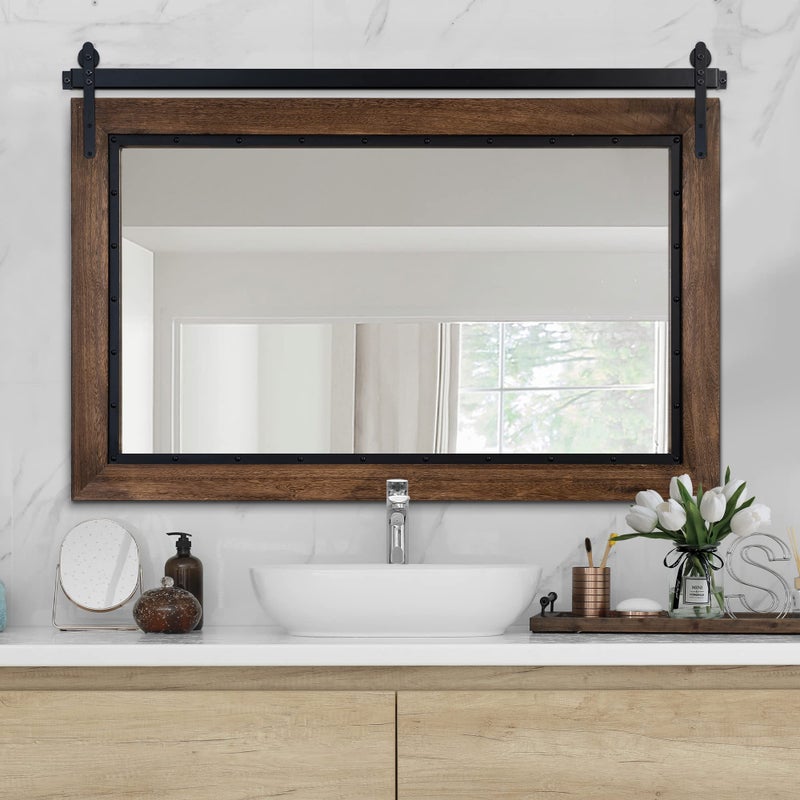 YOSHOOT Farmhouse Barn Door Mirror 48x30 Rustic Bathroom Mirror Wood Frame Wall Mirror Wooden Mirror for Living Room Bedroom Entryway Wall Dcor Horizontal Hanging ONLY