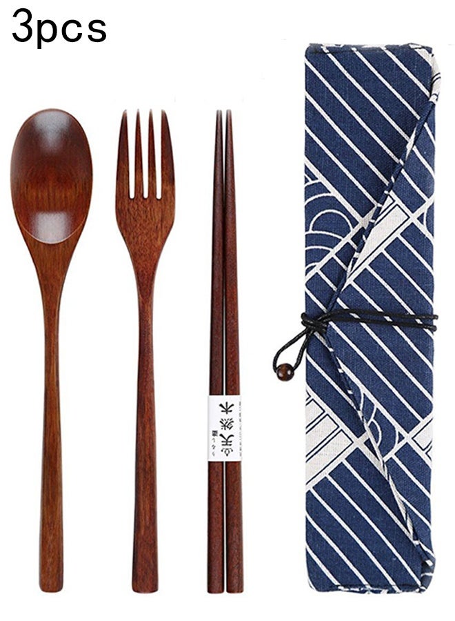 KANGLI 3 Pcs Chopsticks Fork Spoon  Wooden Travel Cutlery Set with Pouch, Reusable Environmental Protection Pure Wood Portable Utensils, Japanese Style Pattern Office Camping Cutlery (Blue) - Image 1