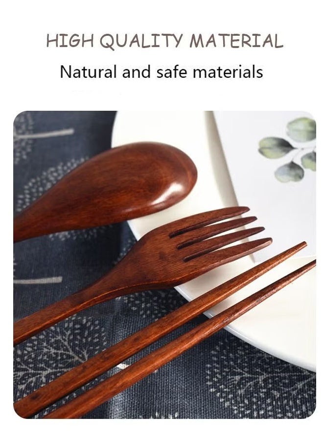 KANGLI 3 Pcs Chopsticks Fork Spoon  Wooden Travel Cutlery Set with Pouch, Reusable Environmental Protection Pure Wood Portable Utensils, Japanese Style Pattern Office Camping Cutlery (Blue) - Image 2