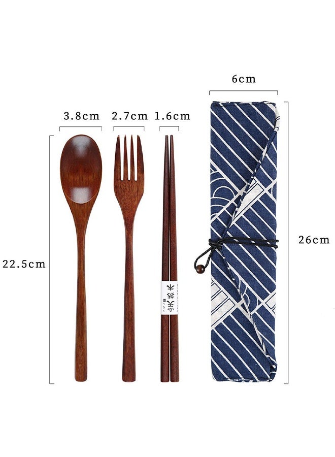 KANGLI 3 Pcs Chopsticks Fork Spoon  Wooden Travel Cutlery Set with Pouch, Reusable Environmental Protection Pure Wood Portable Utensils, Japanese Style Pattern Office Camping Cutlery (Blue) - Image 4