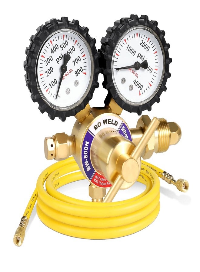 BOWELD BO WELD Nitrogen Regulator with 0-800 PSI, CGA580 Inlet Connection and 1/4'' Male Flare Outlet Connection Gauges，Nitrogen Tank Regulator with 5Ft Refrigeration Hose - Image 1