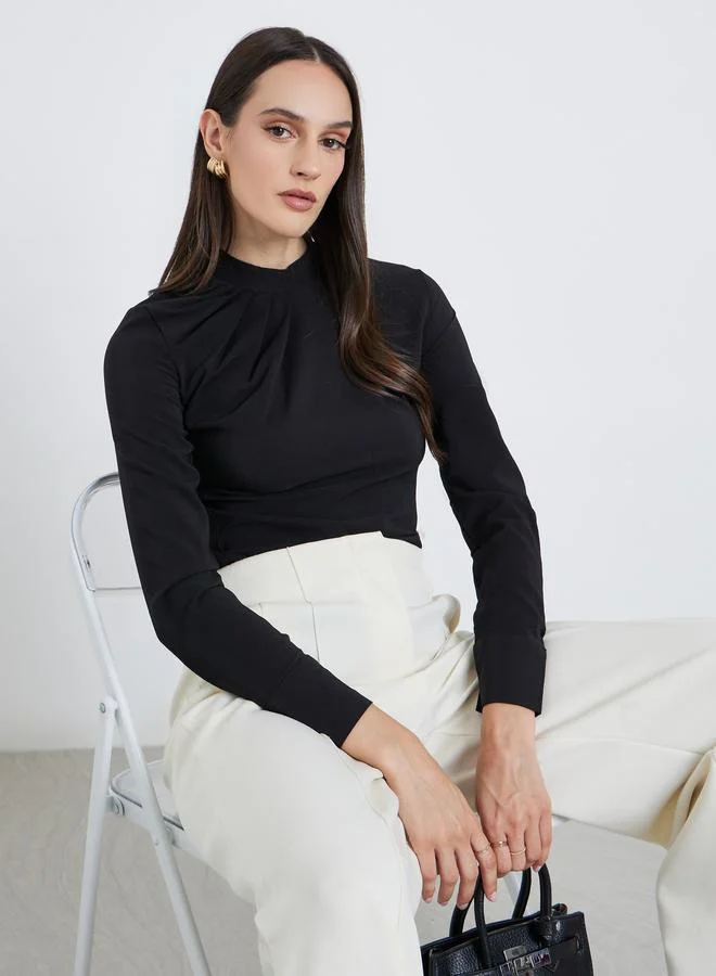 ستايلي Styli Women Black Mock Neck Pleat-Front Blouse
