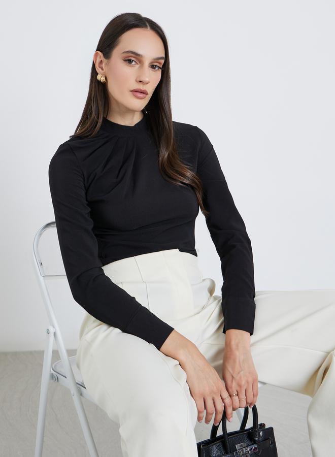 Styli Women Black Mock Neck Pleat-Front Blouse - Image 1