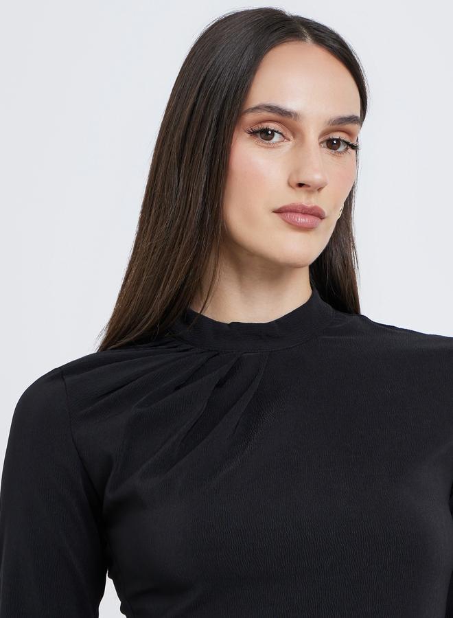 Styli Women Black Mock Neck Pleat-Front Blouse - Image 5