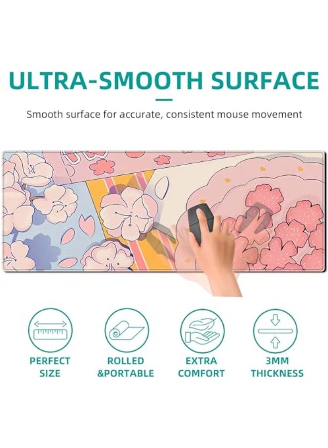PEPYJAN Anime Cherry Blossom Gaming Mouse Pad Japanese Sakura Style Large Desk Mat, 31.5x11.8 Inch Mousepad Extended Non-Slip Rubber Base Keyboard Mat with Stitched Edges for Desk Home Office - Image 3