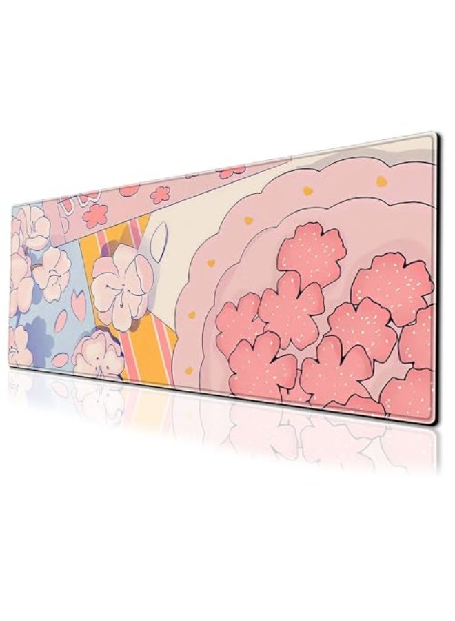 PEPYJAN Anime Cherry Blossom Gaming Mouse Pad Japanese Sakura Style Large Desk Mat, 31.5x11.8 Inch Mousepad Extended Non-Slip Rubber Base Keyboard Mat with Stitched Edges for Desk Home Office - Image 1