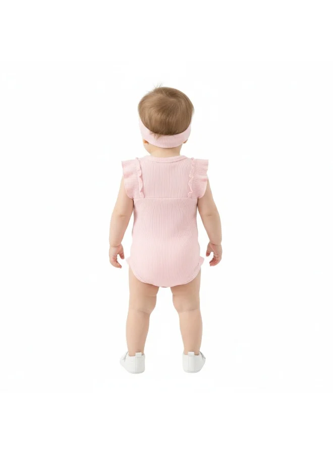 Bambimici Toddler Girl Cotton Pink Romper with Headband – 2-Piece Ruffle Bodysuit Set