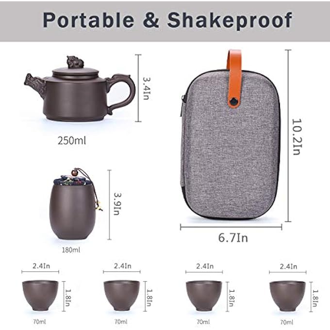 ريحني أطقم شاي السفر إبريق شاي خزفي صيني من الكونغ فو وأكواب شاي بالطين البنفسجي المحمولة يدويا أكواب شاي في كيس واحد للبالغين أطقم شاي الطين البنفسجي التنين - Image 3
