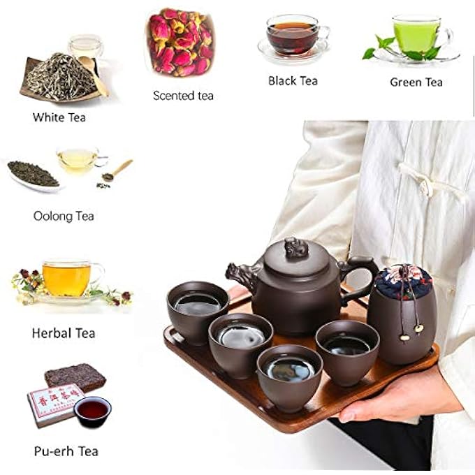 ريحني أطقم شاي السفر إبريق شاي خزفي صيني من الكونغ فو وأكواب شاي بالطين البنفسجي المحمولة يدويا أكواب شاي في كيس واحد للبالغين أطقم شاي الطين البنفسجي التنين - Image 4