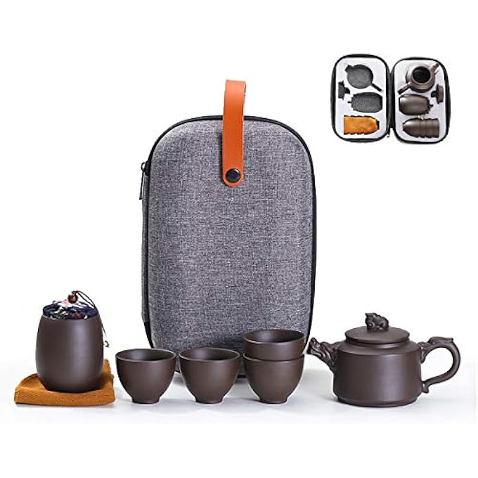 ريحني أطقم شاي السفر إبريق شاي خزفي صيني من الكونغ فو وأكواب شاي بالطين البنفسجي المحمولة يدويا أكواب شاي في كيس واحد للبالغين أطقم شاي الطين البنفسجي التنين - Image 1