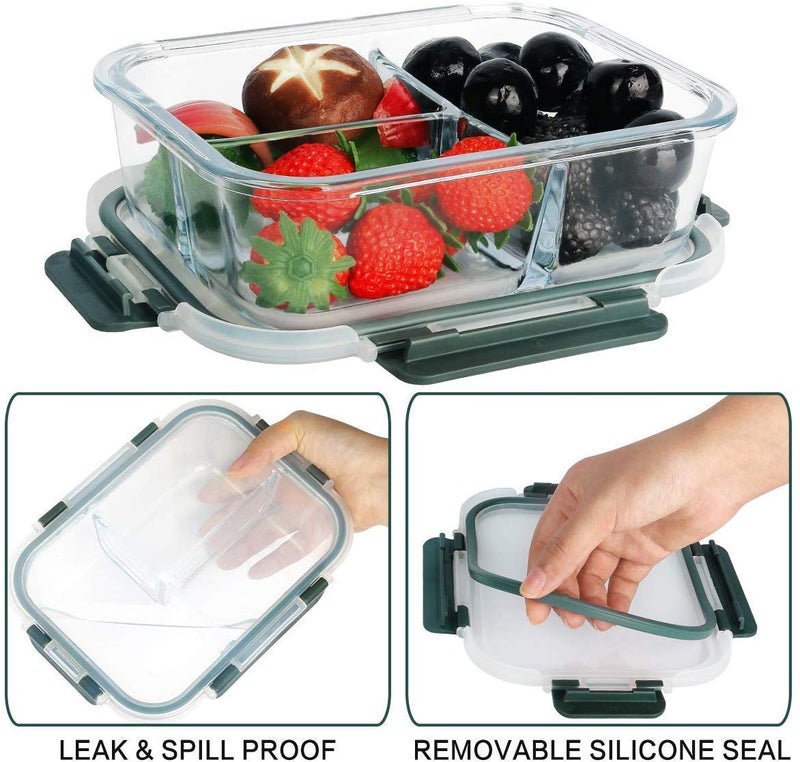 ATREYE ATREYE 3 Compartment Rectangular Storage Glass Lunch Box with Leak Proof Airtight lid Meal Prep Serving Bowl Food Containers Tiffin Plastic Lids Clamp Containers Pack of 1 1000ML  - Image 4