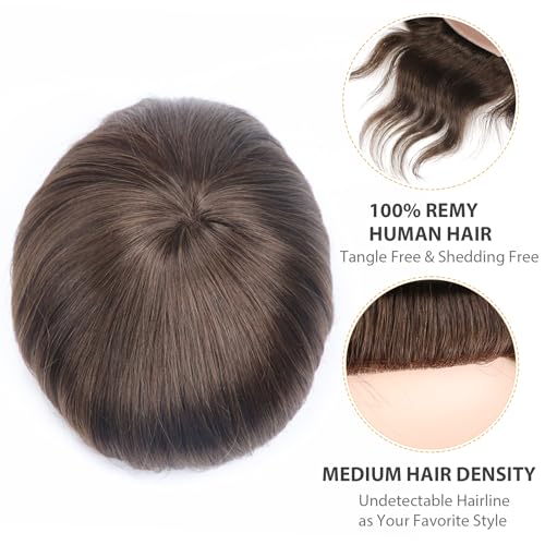 lumeng Toupee for Men Hairpiece Human Hair Replacement Brown Hair System Mono Base Npu Around Lace Systems Mans Hair Unit Size 8x10 Inch 6Inch Length Color 4 Natural Hairline Durable Patch Units - Image 5